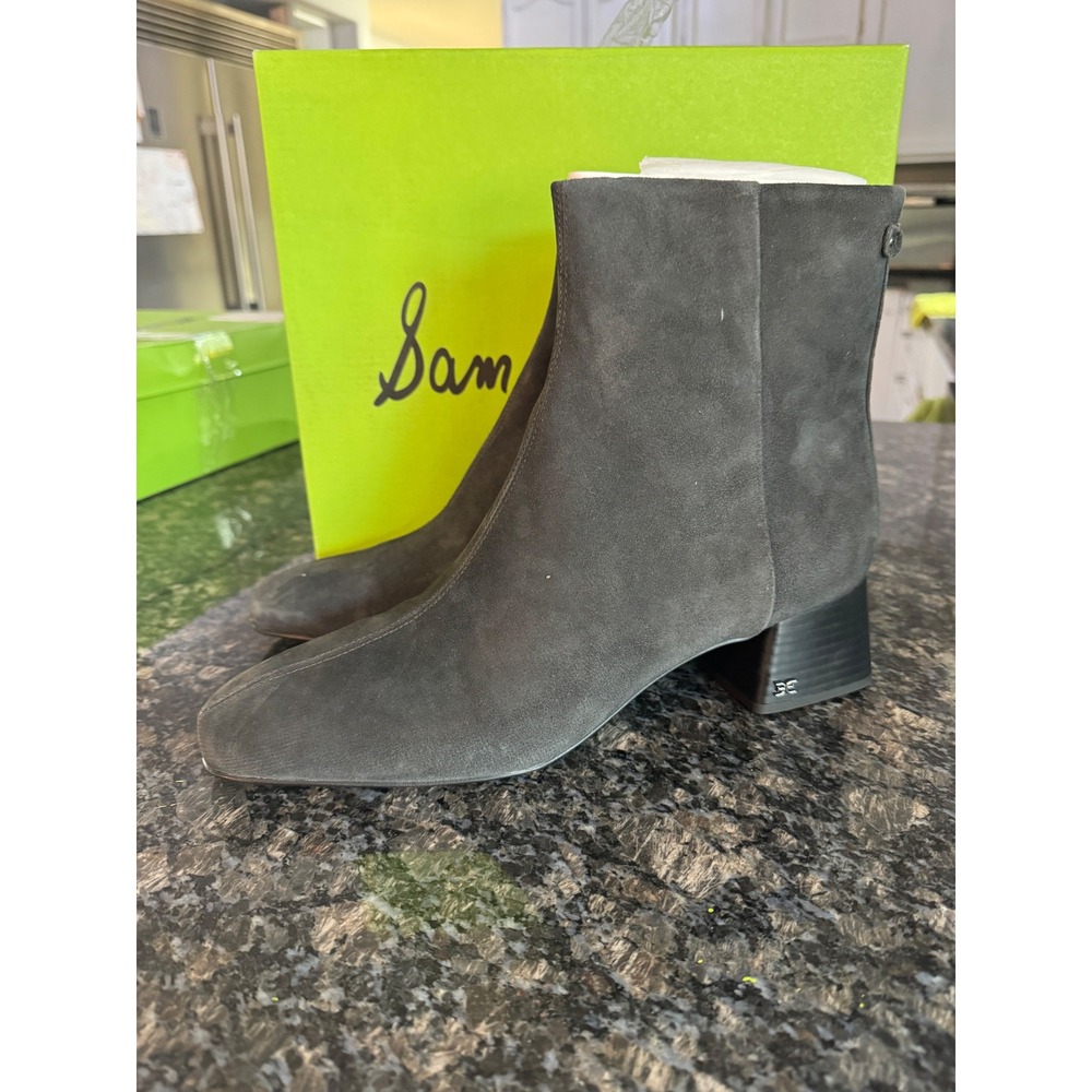 Sam Edelman Paige Graphite Suede Ankle Boots Grey Square Toe Block Heel lady 12M